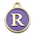 Golden round pendant with purple enamel and letter R for DIY bracelets and charms - Letter R Pendant Only (Without Chain) / 1 Piece (12x14mm) / Purple
