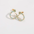Golden snake hoop earrings with sky blue enamel and sparkling green gemstone eyes - Blue