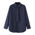Classic navy blue long sleeve cotton poplin shirt with a matching necktie for women - XS / Dark Blue