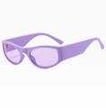 Detail view of purple oval sunglasses featuring a thick frame and vintage retro design - Purple