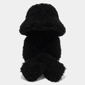 Detail of plush black hooded scarf set with thick warm faux fur texture for women - Black Lamb Wool Hat & Scarf Set