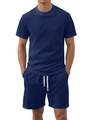 Men's blue waffle knit short sleeve t-shirt and shorts two-piece casual sports set - S / Navy Blue