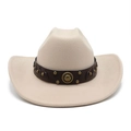 Detail of western cowboy hat with brown leather band, rivets and horseshoe emblem - M (56-58cm) / Off White