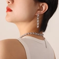 Silver chain jewelry set with cubic zirconia earrings and adjustable necklace on model - F640-Silver Color White Zirconia Earrings