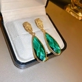 Vintage gold earrings with emerald green teardrop crystals in a premium jewelry box - 75# Stud Earrings-Green Teardrop