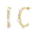 Elegant gold C-shaped earrings featuring alternating white pearls and clear crystals - Golden C-Shape Pearl Rhinestone Hoop Earrings (GPE59)