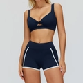 Dark blue yoga set with V-neck twist top and white contrast high waist shorts - S / Bra + Shorts / Abyss Blue