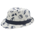 Weißer Strohhut für Kinder mit blauen Surf-Prints und marineblauem Zierband - 58cm / Gebrochenes Weiß