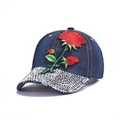 Dark blue denim baseball cap with elegant red rose embroidery and sparkling rhinestones - Rose Embroidery Rhinestone (Dark Blue)