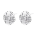 Macro detail of silver round stud earrings featuring a grid pattern and clear cubic zirconia - Lattice Pattern With Zirconia (VE1414) / Silver