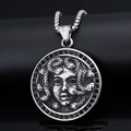 Ciondolo Medusa retrò in argento con strass neri e catena in acciaio - Ciondolo Medusa con Rilievo Rotondo (Senza Catena) (C0503-1)