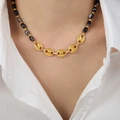 Minimalist gold coffee bean link necklace with grey marble agate beads on female model - Oval Shaped Agate-43+5cm