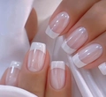 Close-up of elegant French tip press-on nails in pink base and white square shape - White Simple French (CW371)