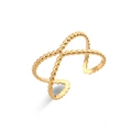 Minimalist adjustable open ring with golden woven X-shaped cross design and bead texture - Adjustable Open / Cross Open Ring