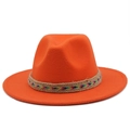 Detail of bright orange wool fedora hat with ethnic colorful woven band and wide brim - Orange