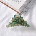 French style acetate hair claw clip with teal marble bow design on white fabric - Green Floral