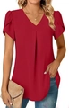 Detail of dark red V-neck blouse with ruffle petal sleeves and chiffon texture - S / Red
