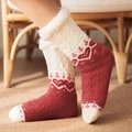 Winter thermal knit floor socks in red and white Christmas pattern with plush cuffs - Chenille Heart Wine Red