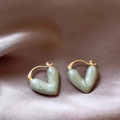 Macro shot of gold hoop earrings with green marble inlay on champagne silk background - 8# Light Green Texture Heart Ear Clip (Real Gold Plated)