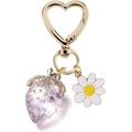 Detail of a purple faceted strawberry charm and white daisy on a gold heart keychain - Purple 3