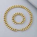 Conjunto de collar y pulsera de cadena cubana hip-hop dorada pulida con cierre de mosquetón - Pulsera Color Dorado de 13 mm de Ancho (21 cm)