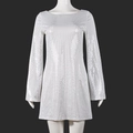 White mini dress featuring silver sequin polka dots and elegant long flare sleeves - S / White