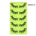 Detail view of 5 pairs of black fox-eye false eyelashes in a bright neon green tray - 3D Dense Black Band Style (3DMAO-35)