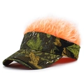 Detail of camouflage baseball cap with vibrant orange synthetic wig hair on top - Leaf Camo and Orange