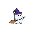 Detail of Halloween ghost pin with purple wizard hat and broom on white background - Witch Ghost on Broom
