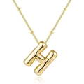 Polished 18K gold bubble pendant necklace with puffy letter H on fine bead chain - Letter H - Gold