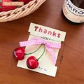 Pink checkered bow hair tie with red resin cherry charms on a cream card - Hair Clip / 3# Pink & White Gingham Bow Cherry Clip