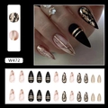 Long almond press-on nails set W472 in luxury black, nude, and gold foil design - Dark Amber Style (W472)
