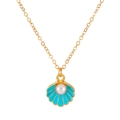 Elegant gold shell necklace featuring turquoise enamel and a round white pearl - Gold Tone Light Blue Shell Necklace