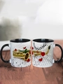 Detail of ceramic music mugs with golden saxophone design and music notes - Saxophone & Rose