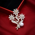 Elegant gold bouquet brooch with crystals and faux pearl on red velvet background - Style 39-10 Three Flowers (5*4.5cm/13.4g)