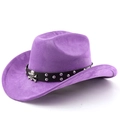 Detailed view of purple faux suede cowboy hat with studded leather band and skull badge - M (56-58cm) / Taro Purple