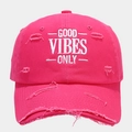 Detail of pink distressed baseball cap with Good Vibes Only white embroidery text - Adjustable / Barbie Pink