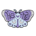 Detailed view of enamel butterfly pin featuring pronoun text He They with star and moon motifs - He-They Pronoun Lilac Butterfly