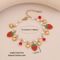Grazioso bracciale di perle con fragola in smalto rosso e ciondolo a cuore dorato da donna - Stile Fragola