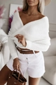 Top bianco chic in maglia con spalle scoperte, gonna a bottoni e cintura marrone - Taglia S / Bianco