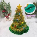 Green tinsel Christmas tree party hat with colorful pom-poms and gold star topper - Gold Mixed Green With Gold Star Color Pom Poms Double Layer