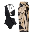 Eleganter schwarzer Ein-Schulter-Badeanzug mit Goldring und bedrucktem Sarong-Set - S / 3-Teiliges Badebekleidungs-Set (Badeanzug + Sarong)