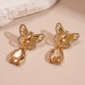 Vintage gold butterfly drop earrings with champagne crystals and pearls for women - Butterfly Waterdrop Pendant Earrings (Silver Pin - Gold)