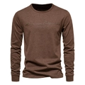 Braunes Herren-Langarmshirt aus Baumwolle mit Vintage-Buchstabenprint auf weißem Grund - M / Kaffeebraun
