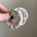 Cream knit C-shaped hoop earrings with vintage cable texture and gold metal clasp - Knitted Woven with 925 Sterling Silver Earring Post (125#) / Off White