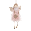 Pink plush Christmas angel ornament with gold glitter wings and wooden bead head - Curly Hair Angel Pendant / Pink