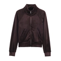 Détail de la veste en velours marron foncé montrant la fermeture éclair et la broderie - S / Tops / Marron