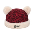Warm leopard print winter hat for kids with red pattern and two fluffy white pom poms - Letter Embroidery Style (Deep Red A) / Dark Red