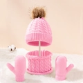 Pink cable knit winter set for kids with pompom hat, neck warmer, and mittens - Pink 3-Piece Set