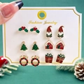 6-pack Christmas themed earring set with Santa, tree and gift box on jewelry card - Santa and Snow House Style (6843)